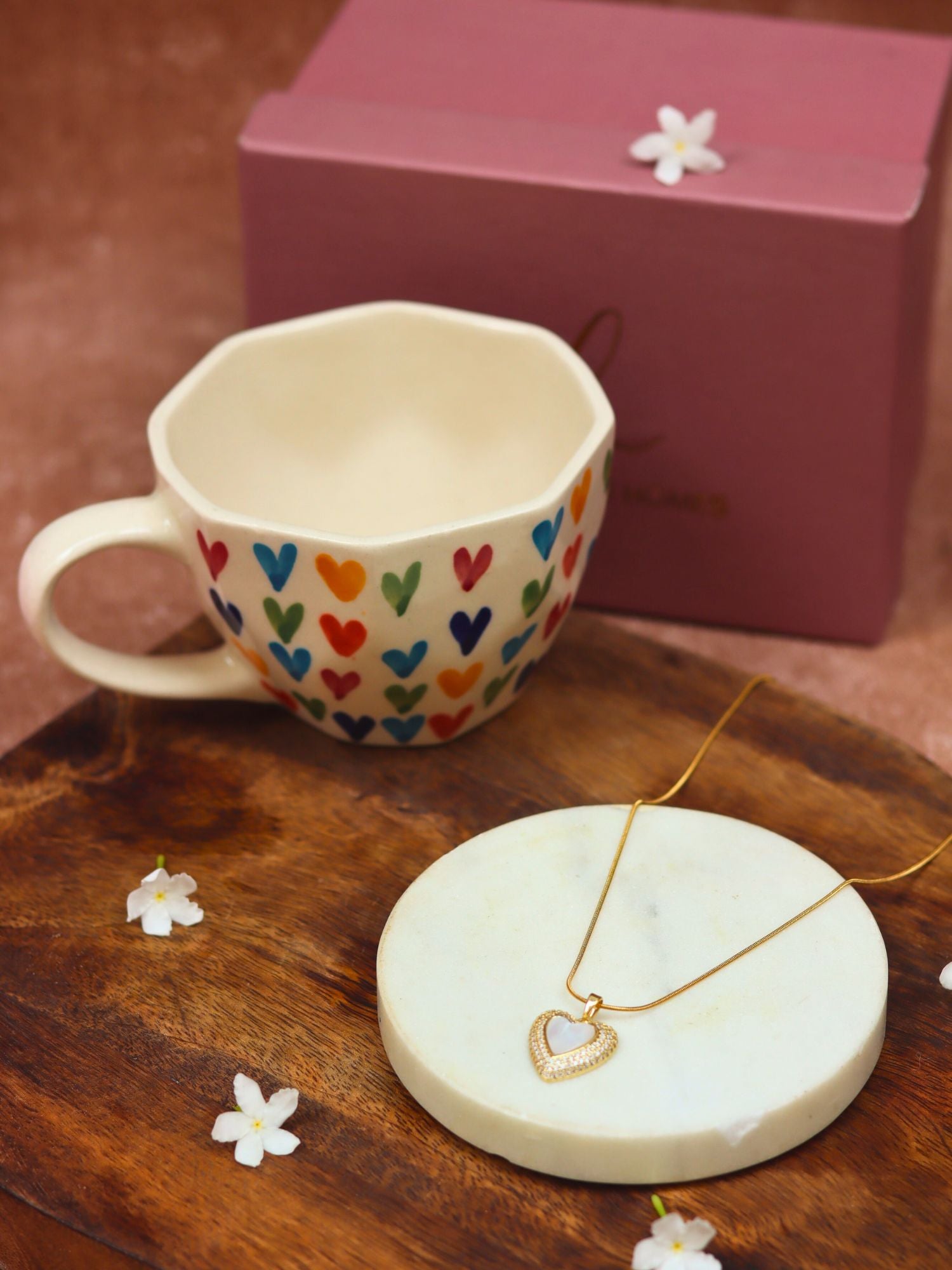 LoveisLove Karva Chauth hamper with a handmade mug & gold plated necklace set