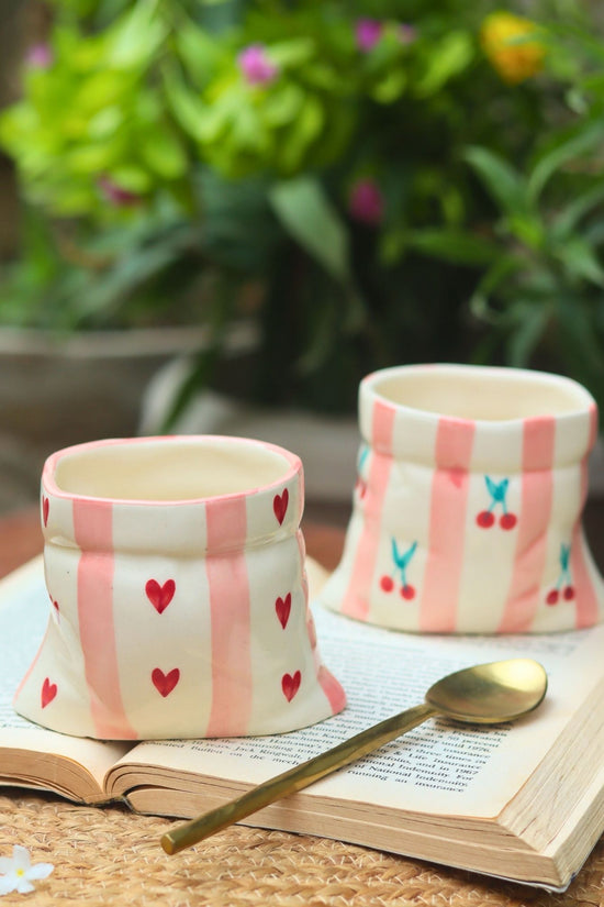 Set of 2 - Striped Heart Pouch & Striped Cherry Pouch Mugs combo