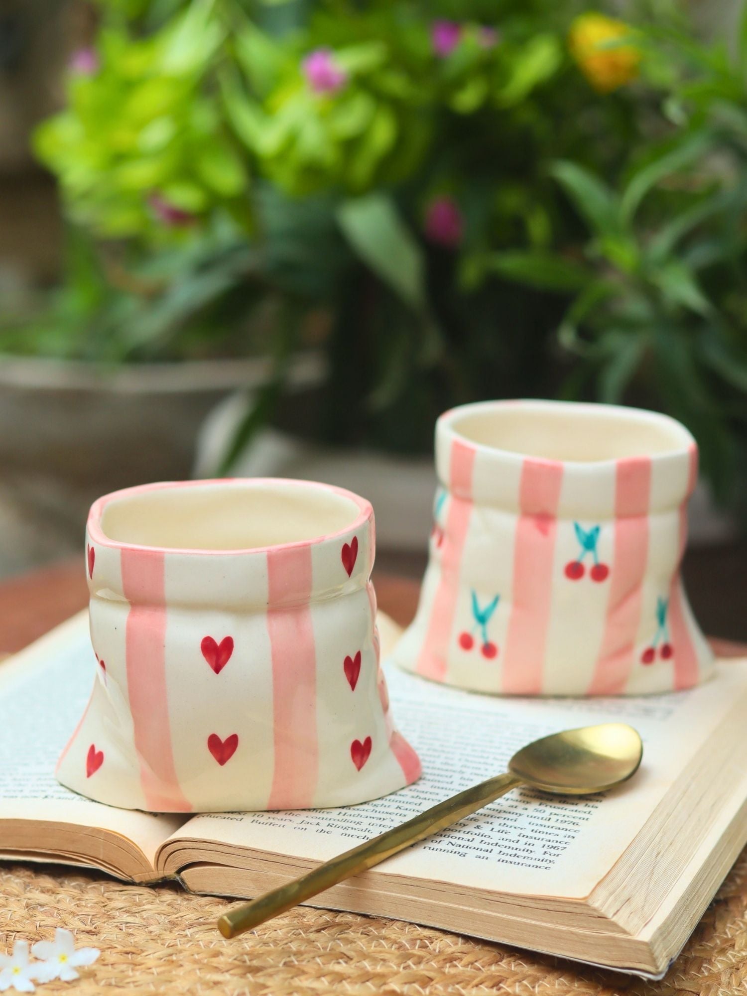 Set of 2 - Striped Heart Pouch & Striped Cherry Pouch Mugs combo