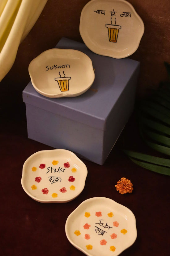 Set of 4 - Sukoon, Sabr, Shukr & Chai ho Jaye handmade dessert plate combo in a Gift box with premium quality material