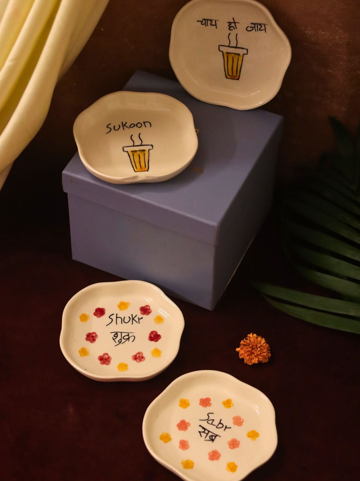 Set of 4 - Sukoon, Sabr, Shukr & Chai ho Jaye handmade dessert plate combo in a Gift box with premium quality material