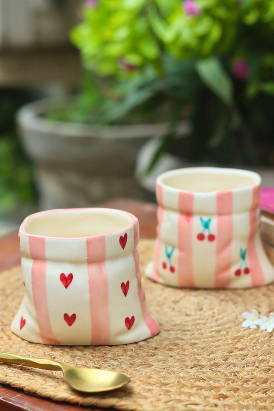 Set of 2 - Striped Heart Pouch & Striped Cherry Pouch Mugs combo