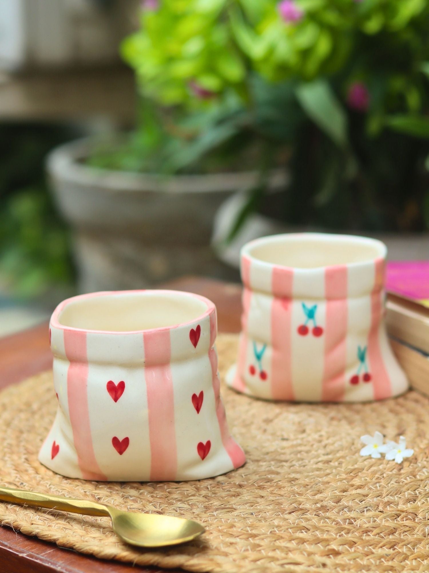 Set of 2 - Striped Heart Pouch & Striped Cherry Pouch Mugs combo
