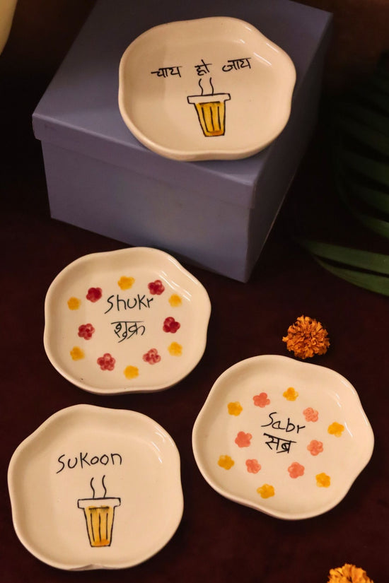 Set of 4 - Sukoon, Sabr, Shukr & Chai ho Jaye handmade dessert plate combo in a Gift box handmade in India