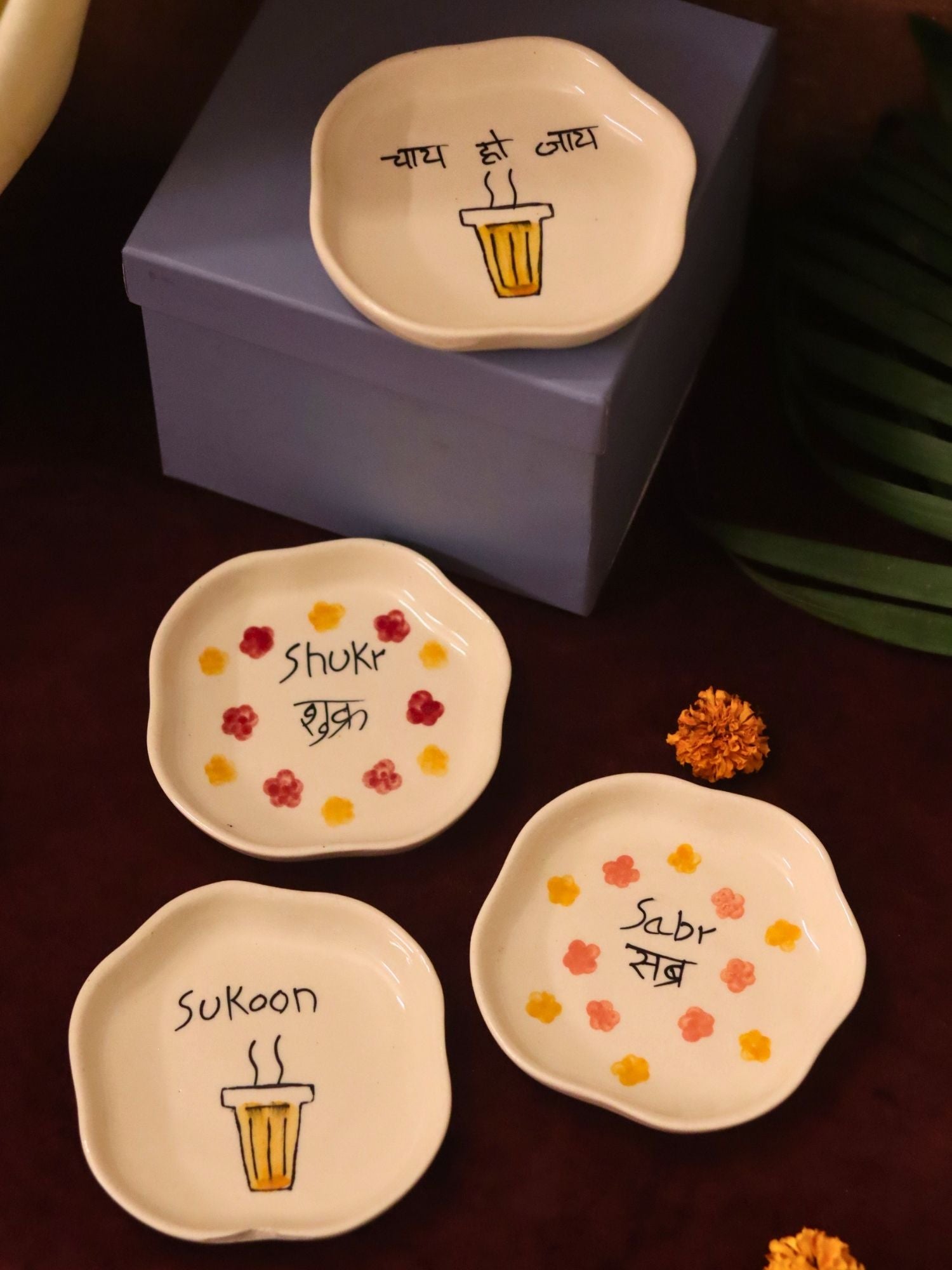 Set of 4 - Sukoon, Sabr, Shukr & Chai ho Jaye handmade dessert plate combo in a Gift box handmade in India