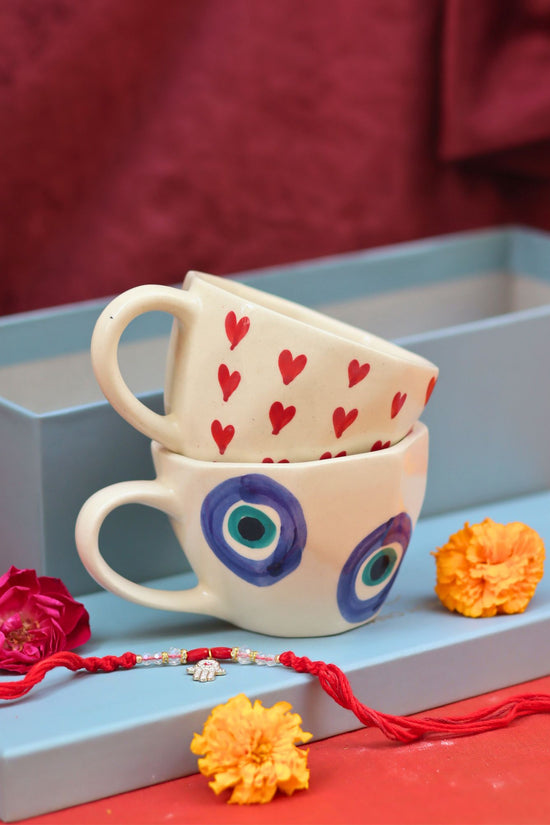 Heart & Evil Eye Mug Set Rakhi Gift Box handmade in India