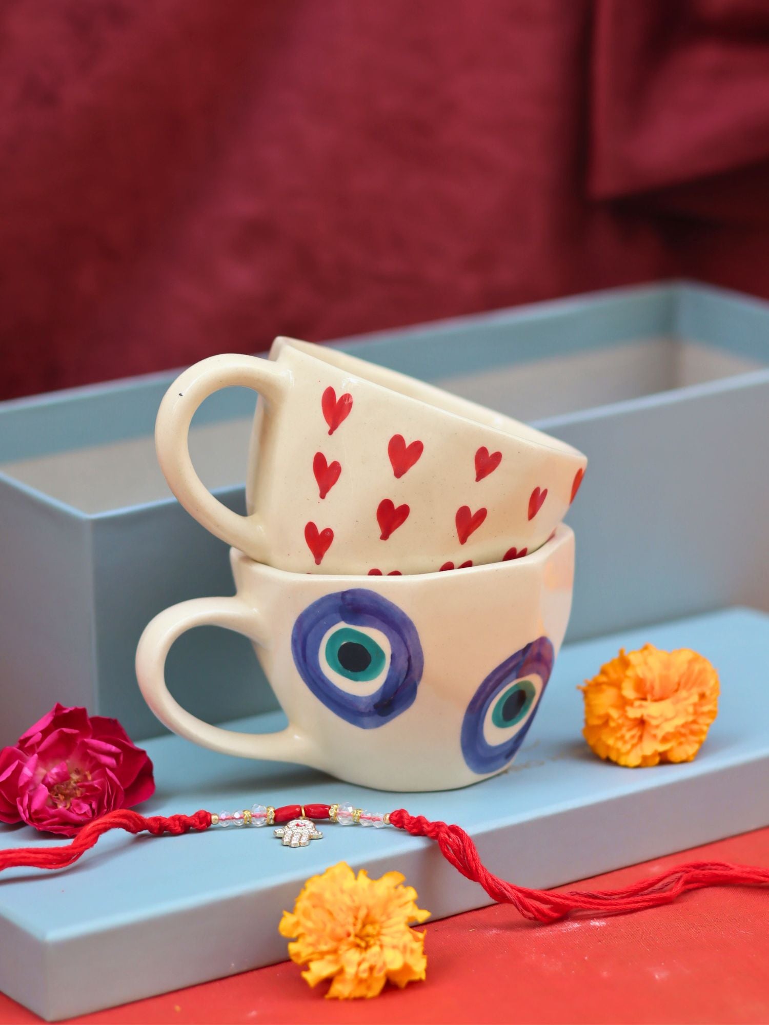 Heart & Evil Eye Mug Set Rakhi Gift Box handmade in India