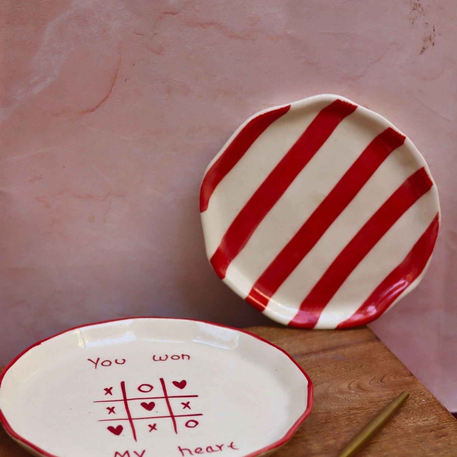 Set of 2 - You won my heart snack plate & Red striped dessert plate combo