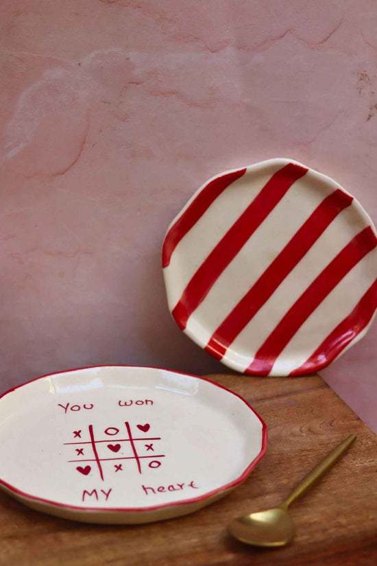 Set of 2 - You won my heart snack plate & Red striped dessert plate combo