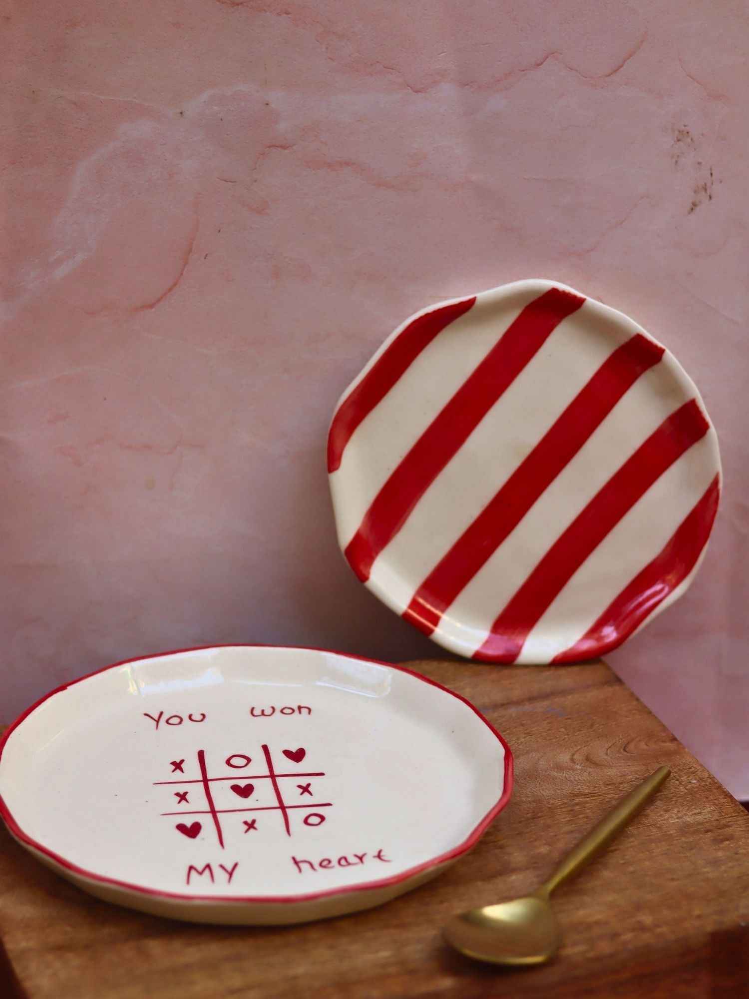 Set of 2 - You won my heart snack plate & Red striped dessert plate combo