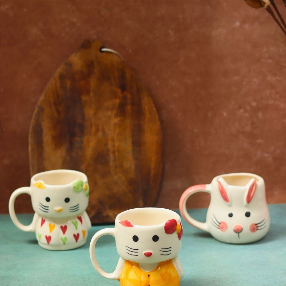 Set of 3 - Bunny & Kitty Mugs combo made by ceramic