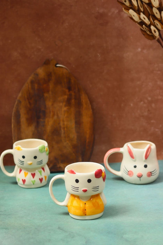Set of 3 - Bunny & Kitty Mugs combo made by ceramic