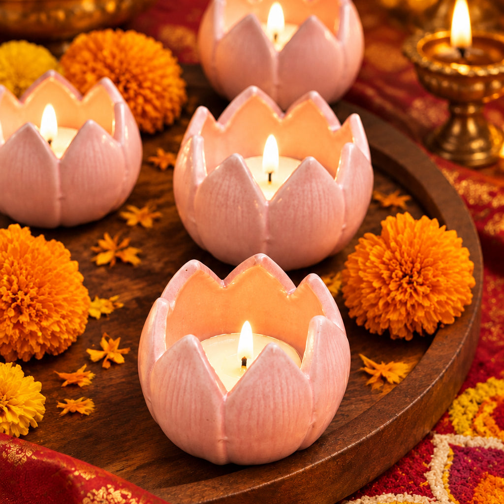 handmade Set of 4 - Lotus Diya - Pink