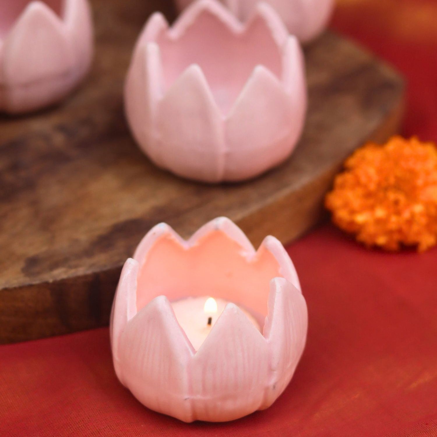 handmade Set of 4 - Lotus Diya - Pink