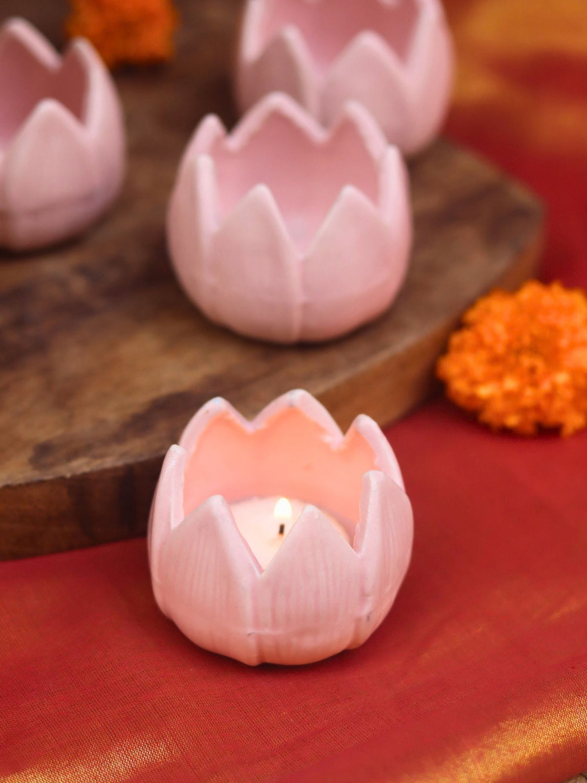 handmade Set of 4 - Lotus Diya - Pink