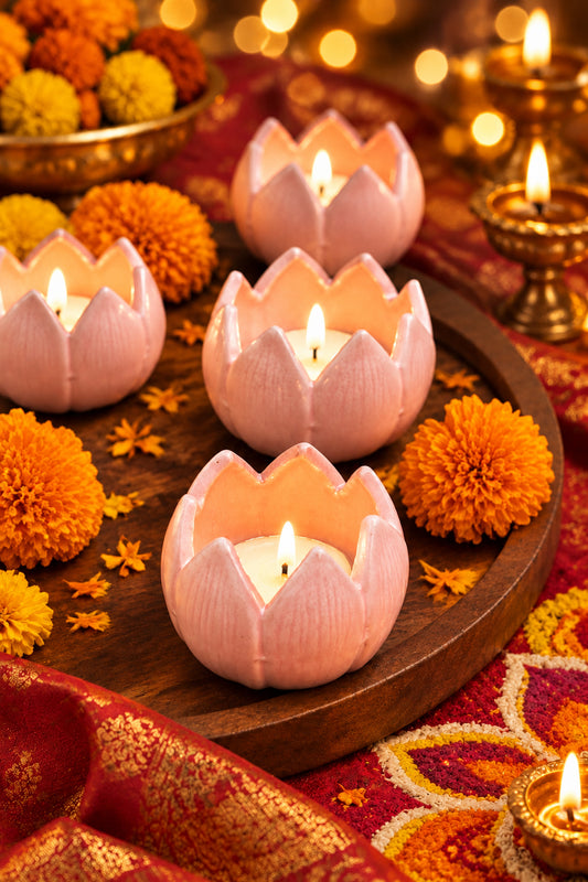 handmade Set of 4 - Lotus Diya - Pink
