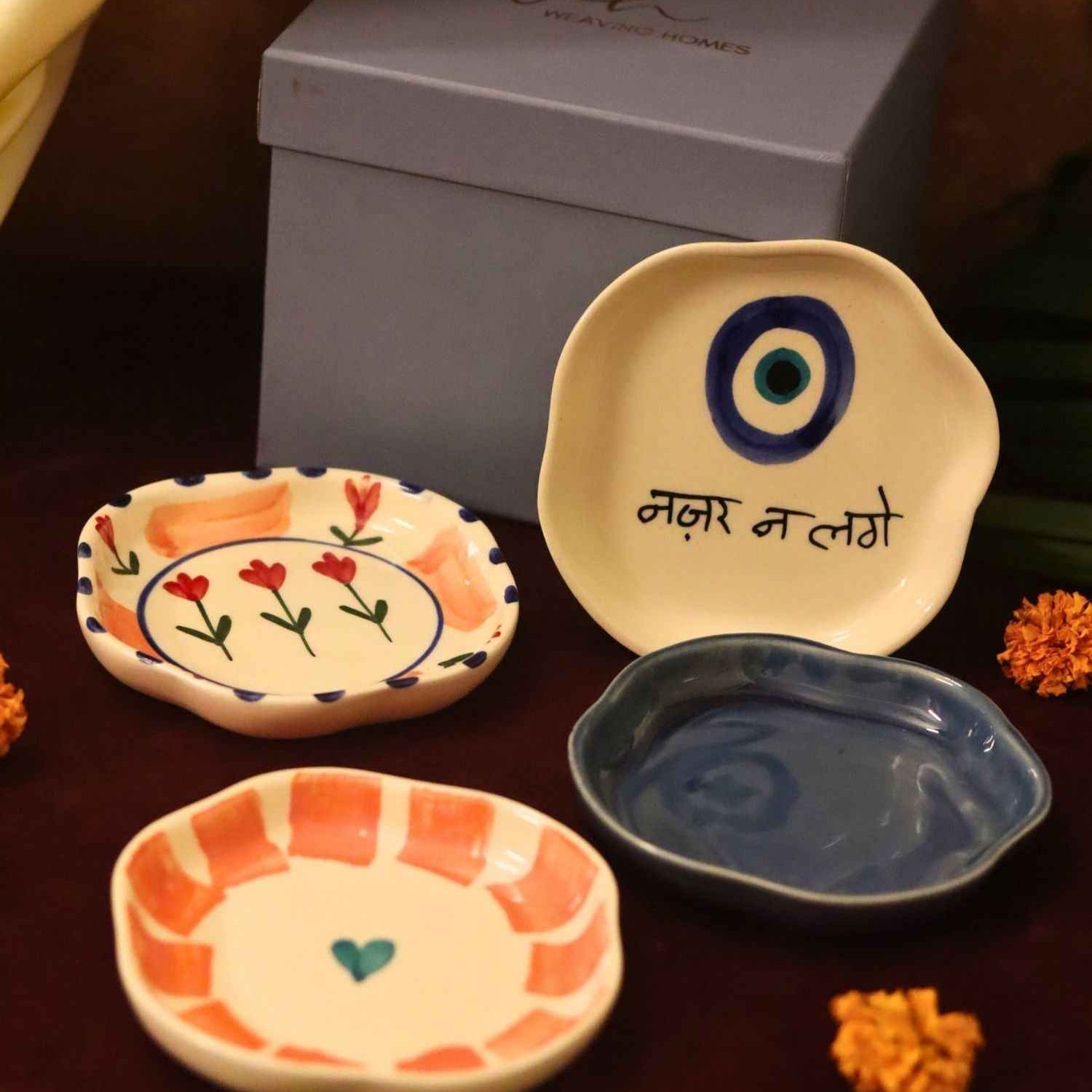 Set of 4 - Nazar, Striped heart, Peony & Metallic Blue handmade dessert plate combo in a Gift box