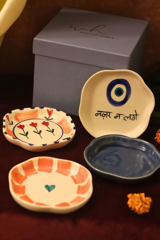 Lead free Set of 4 - Nazar, Striped heart, Peony & Metallic Blue handmade dessert plate combo in a Gift box