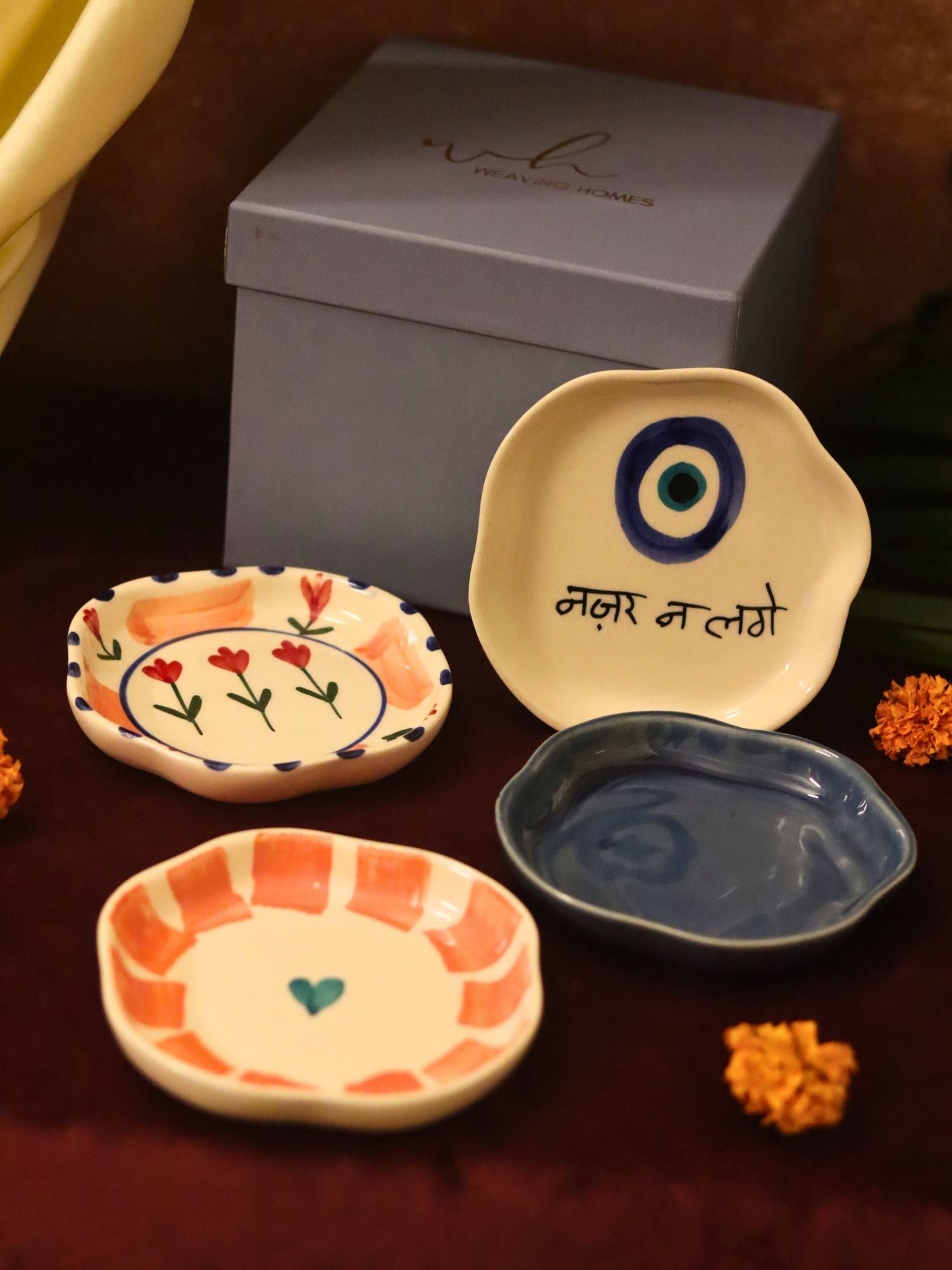 Lead free Set of 4 - Nazar, Striped heart, Peony & Metallic Blue handmade dessert plate combo in a Gift box