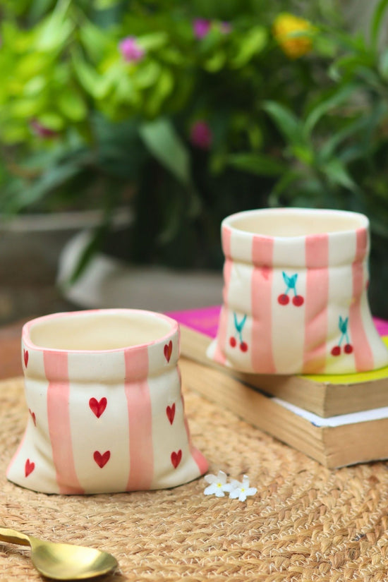 Set of 2 - Striped Heart Pouch & Striped Cherry Pouch Mugs combo