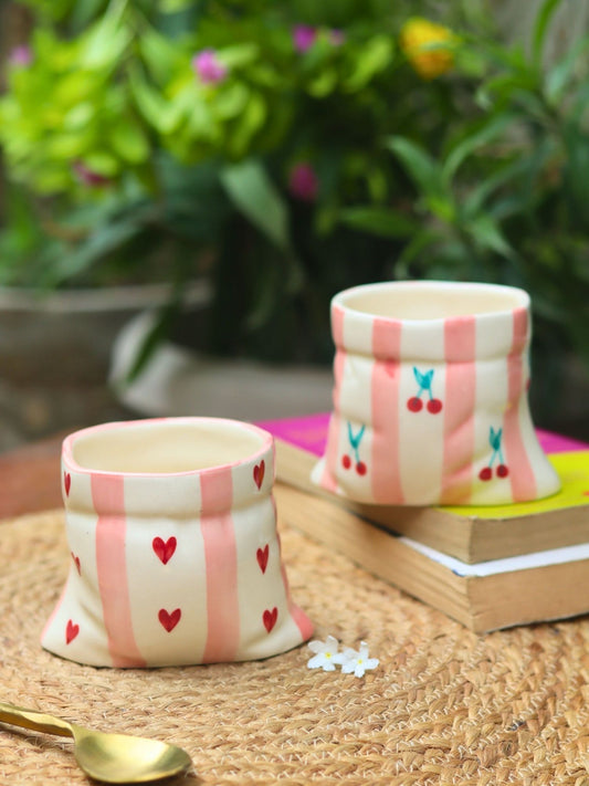 Set of 2 - Striped Heart Pouch & Striped Cherry Pouch Mugs combo