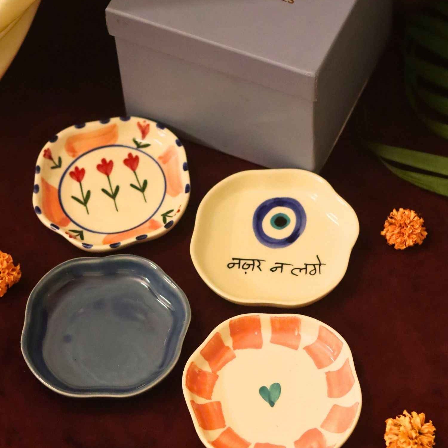 Set of 4 - Nazar, Striped heart, Peony & Metallic Blue handmade dessert plate combo in a Gift box