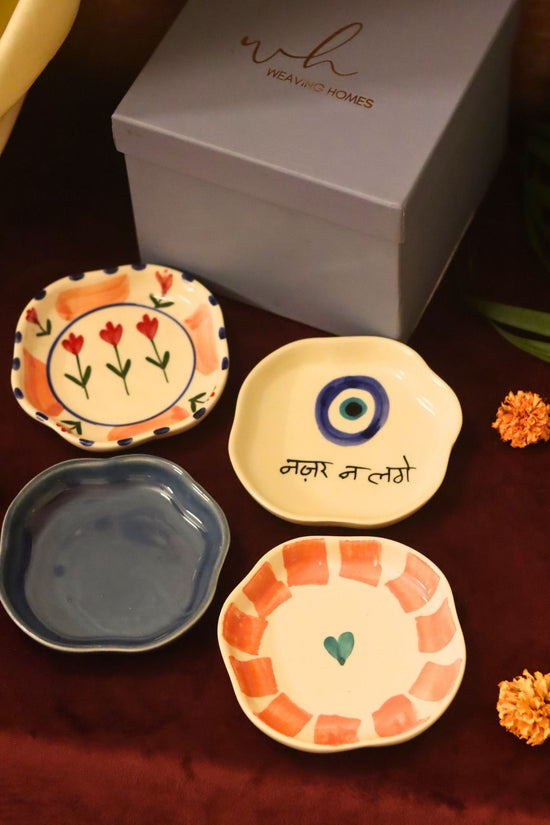 Set of 4 - Nazar, Striped heart, Peony & Metallic Blue handmade dessert plate combo in a Gift box made by ceramic