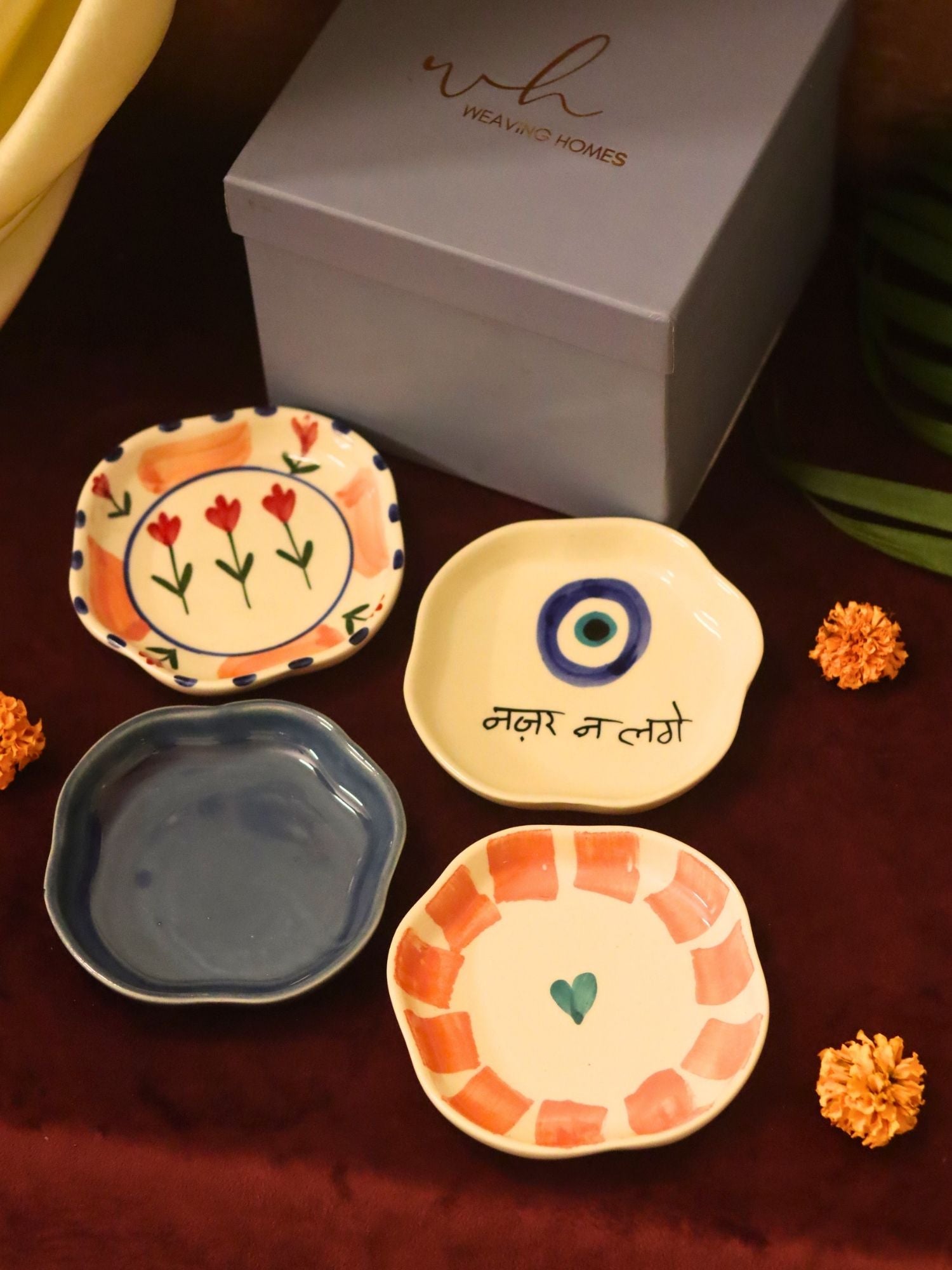 Set of 4 - Nazar, Striped heart, Peony & Metallic Blue handmade dessert plate combo in a Gift box made by ceramic