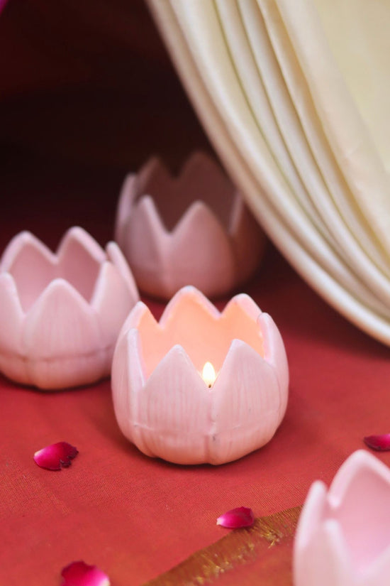 Set of 4 - Lotus Diya - Pink made by ceramic