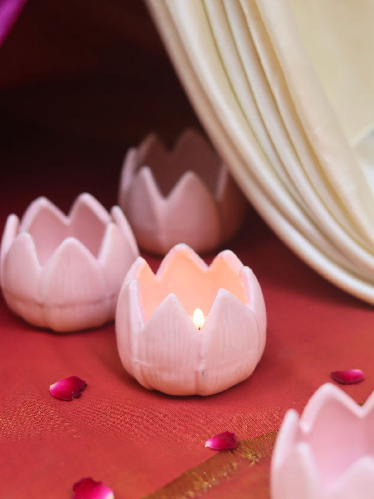 Set of 4 - Lotus Diya - Pink made by ceramic