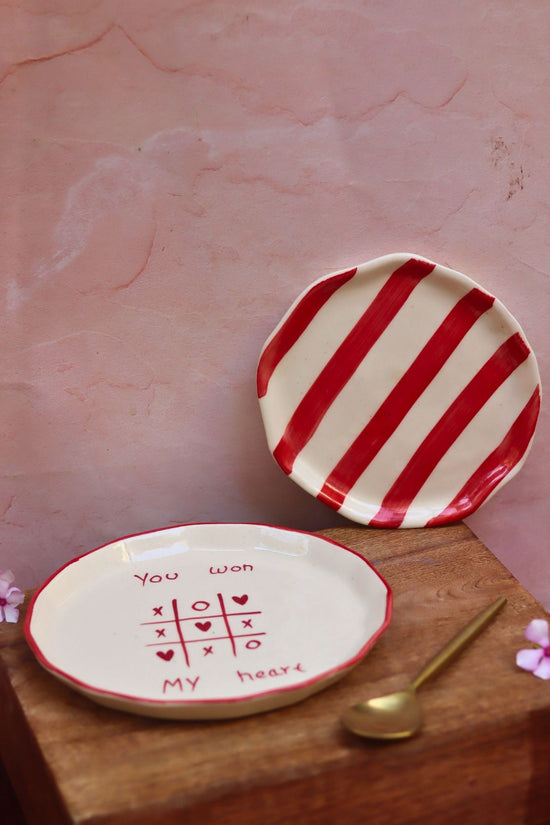 Set of 2 - You won my heart snack plate & Red striped dessert plate combo made by ceramic