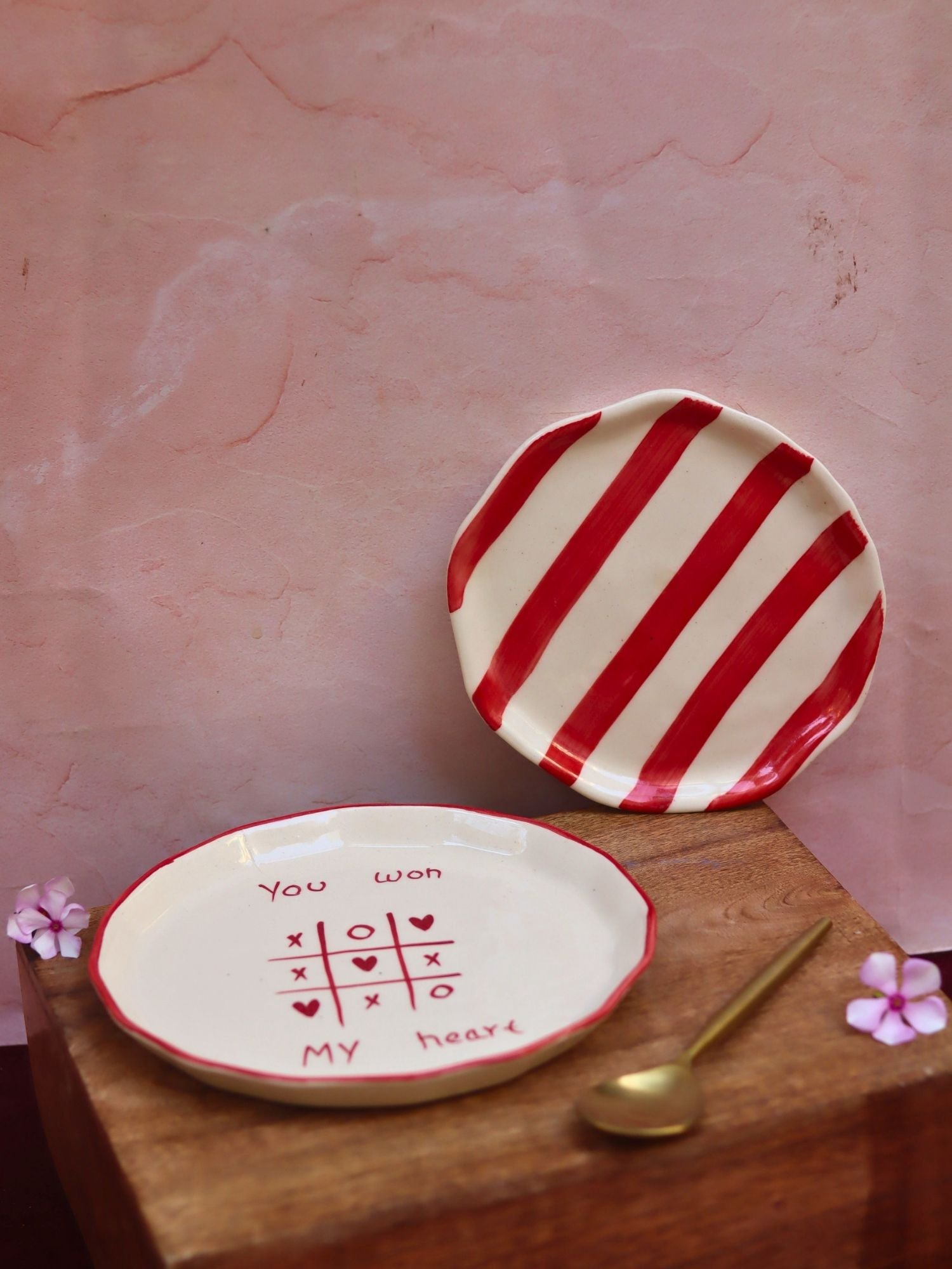Set of 2 - You won my heart snack plate & Red striped dessert plate combo made by ceramic
