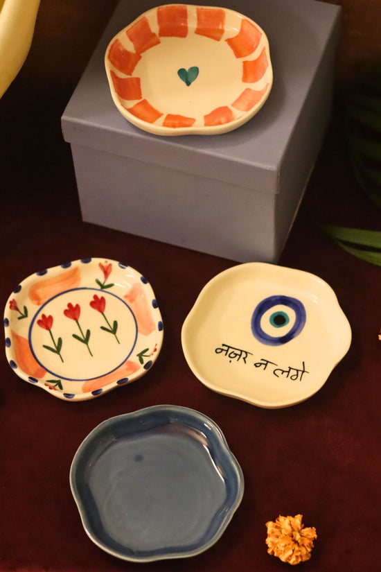 Set of 4 - Nazar, Striped heart, Peony & Metallic Blue handmade dessert plate combo in a Gift box with premium quality materail
