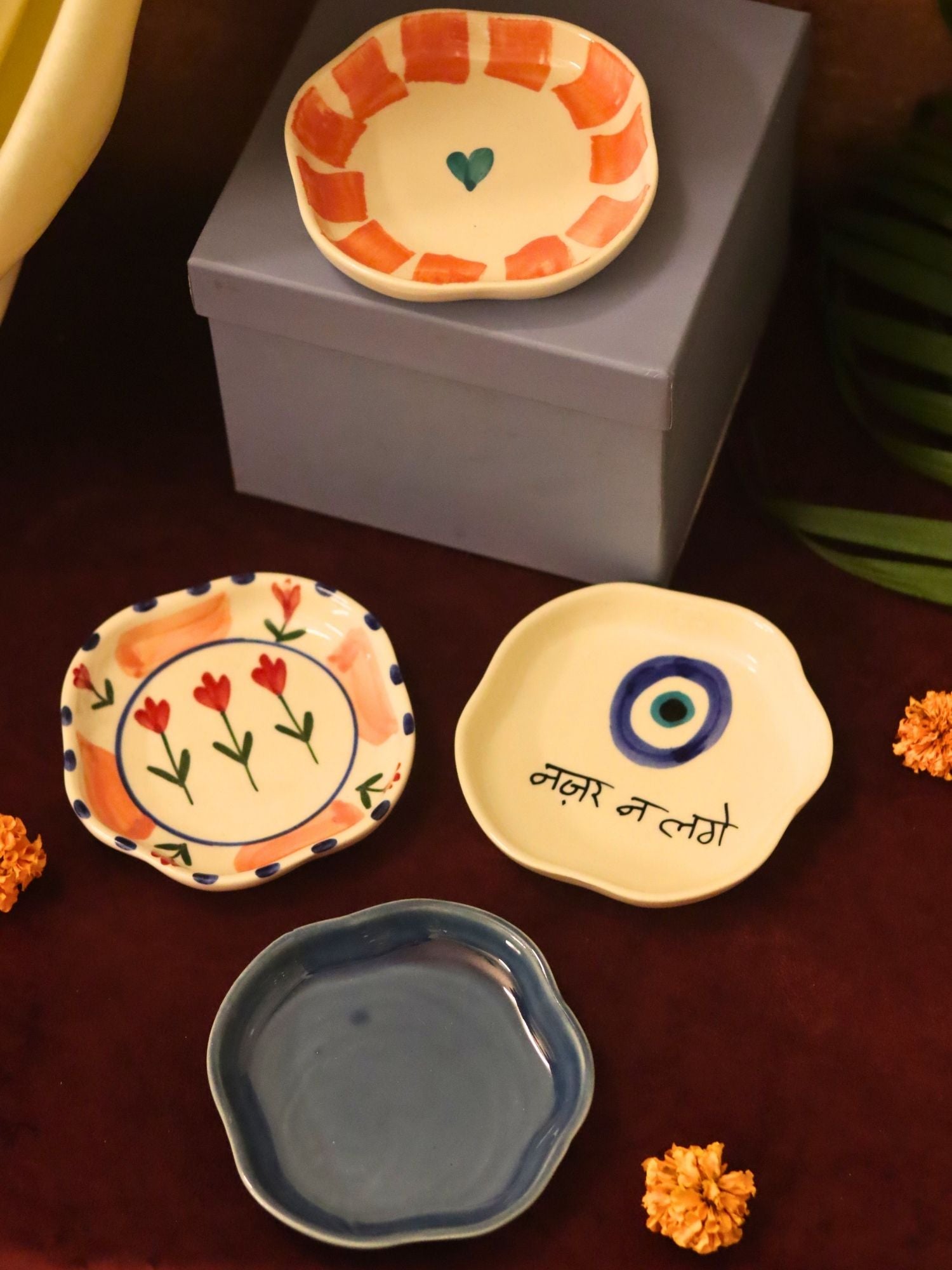 Set of 4 - Nazar, Striped heart, Peony & Metallic Blue handmade dessert plate combo in a Gift box with premium quality materail
