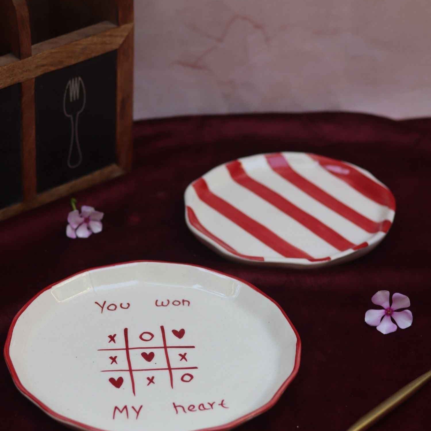 Set of 2 - You won my heart snack plate & Red striped dessert plate combo