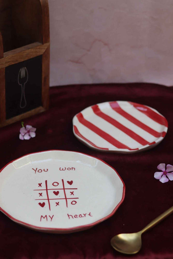 Set of 2 - You won my heart snack plate & Red striped dessert plate combo