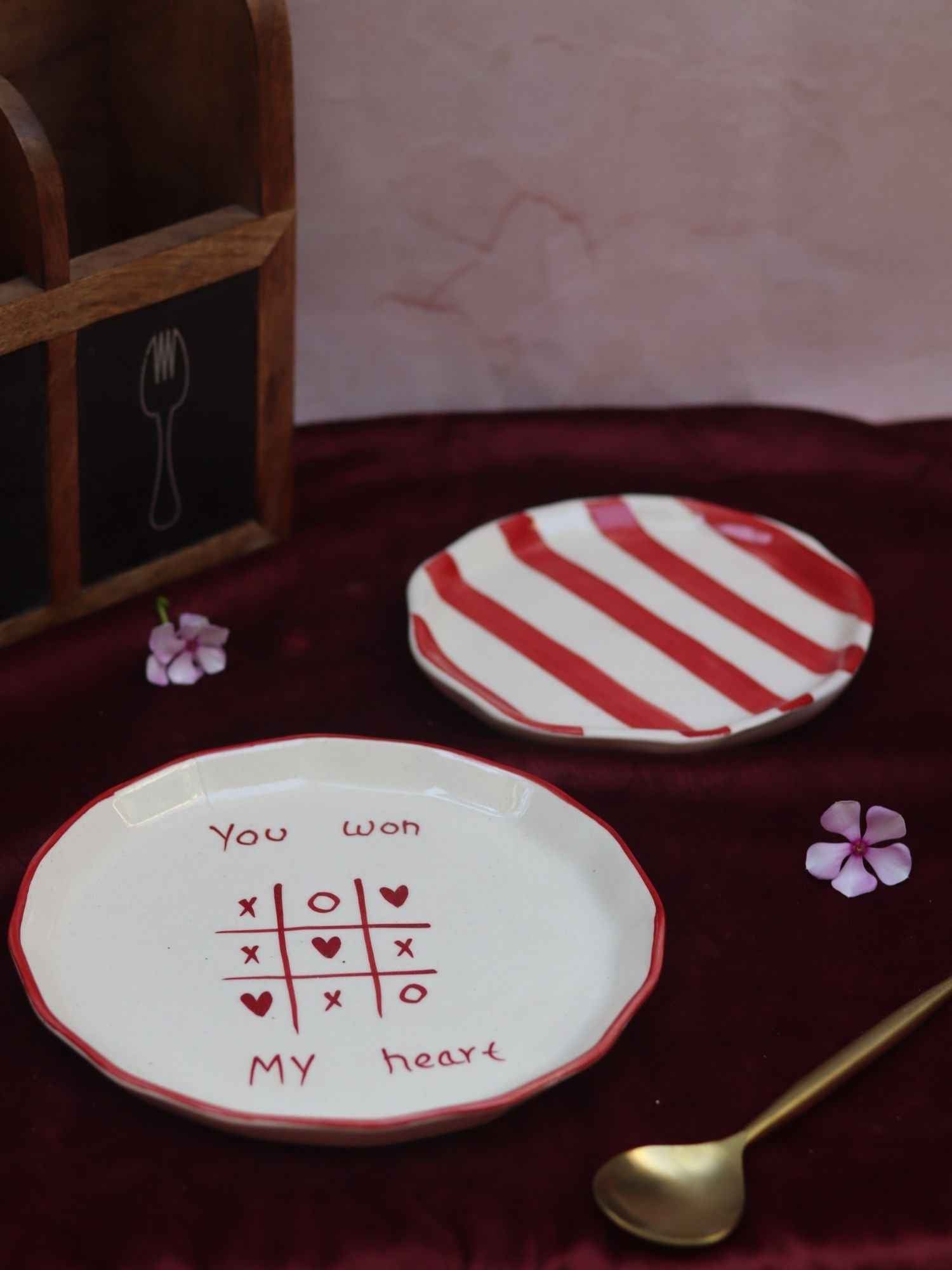 Set of 2 - You won my heart snack plate & Red striped dessert plate combo