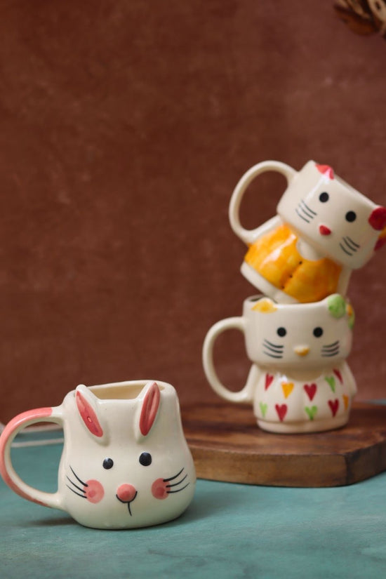 Set of 3 - Bunny & Kitty Mugs combo handmade in India