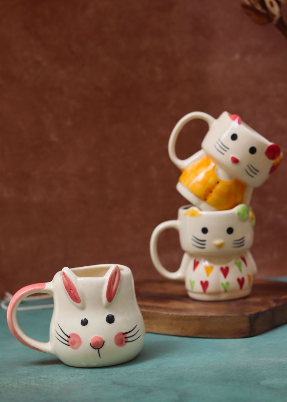 Set of 3 - Bunny & Kitty Mugs combo handmade in India