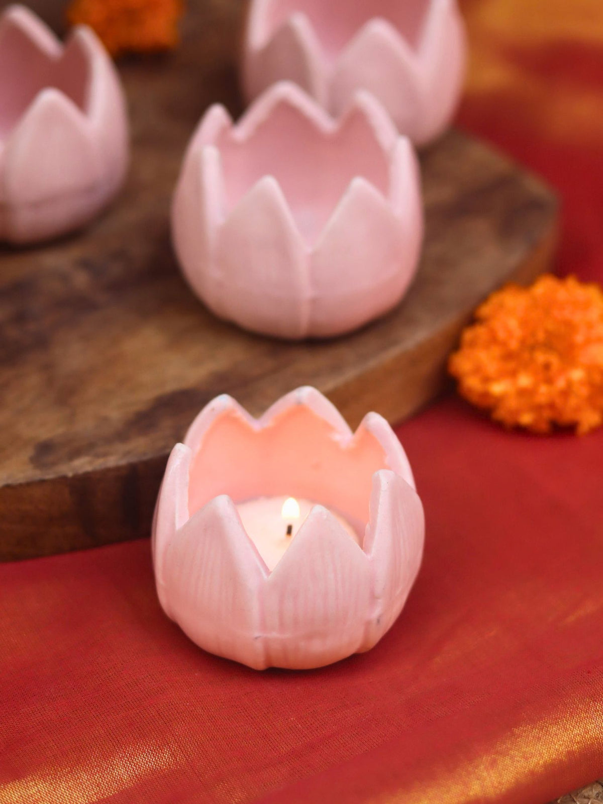 Set of 4 - Lotus Diya - Pink with premium quality material