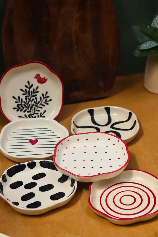 Set of 6 {red & black) handmade dessert plates (For the price of 5)