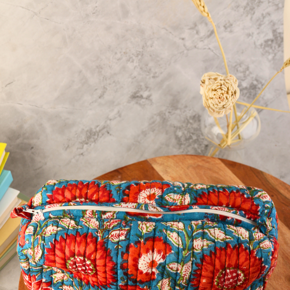 Block printed red floral toiletry bag 