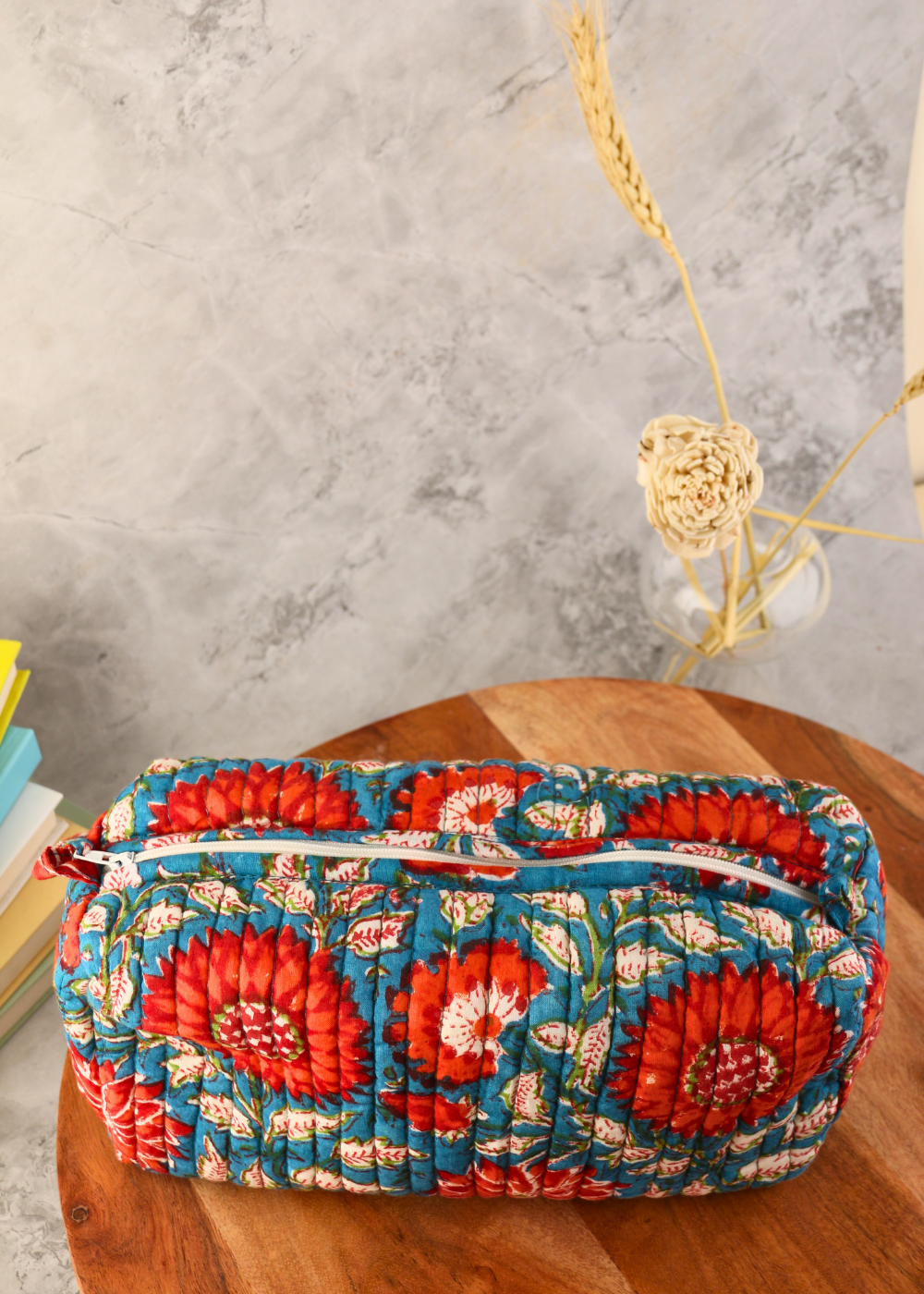 Block printed red floral toiletry bag 