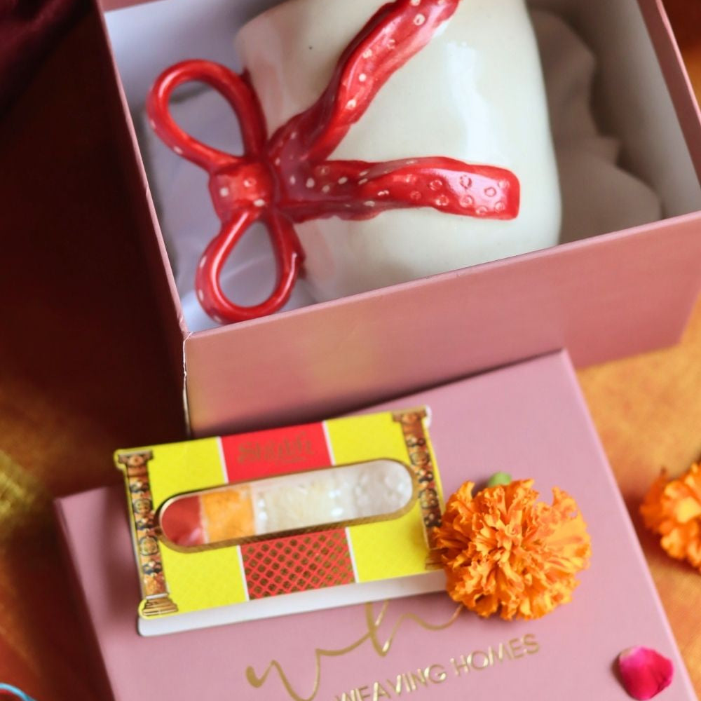 Pinteresty Bow Mug Rakhi Gift Box made by ceramic