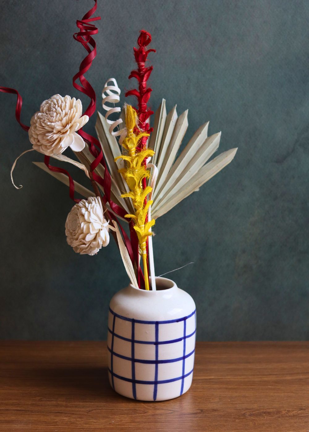 chequered blue vase with assorted bunch combo for your home decor