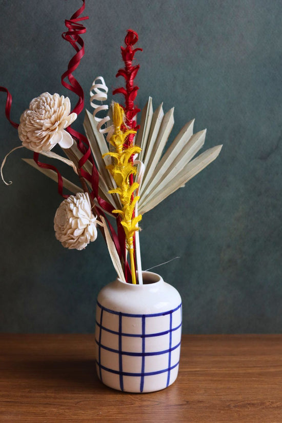 chequered blue vase with assorted bunch combo for your home decor