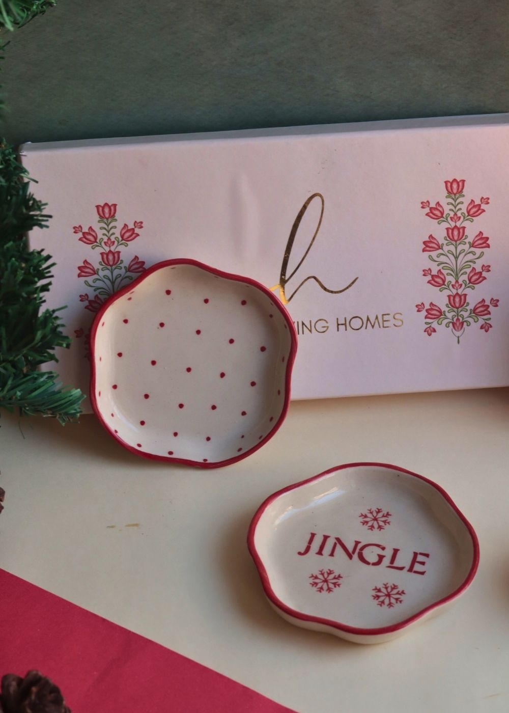 Jingle & Red Polka Handmade Dessert plate in a Gift Box made by ceramic