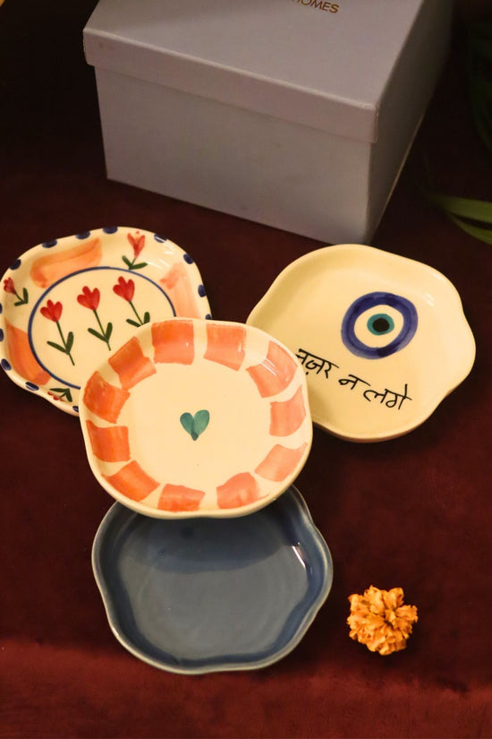 Set of 4 - Nazar, Striped heart, Peony & Metallic Blue handmade dessert plate combo in a Gift box handmde in India