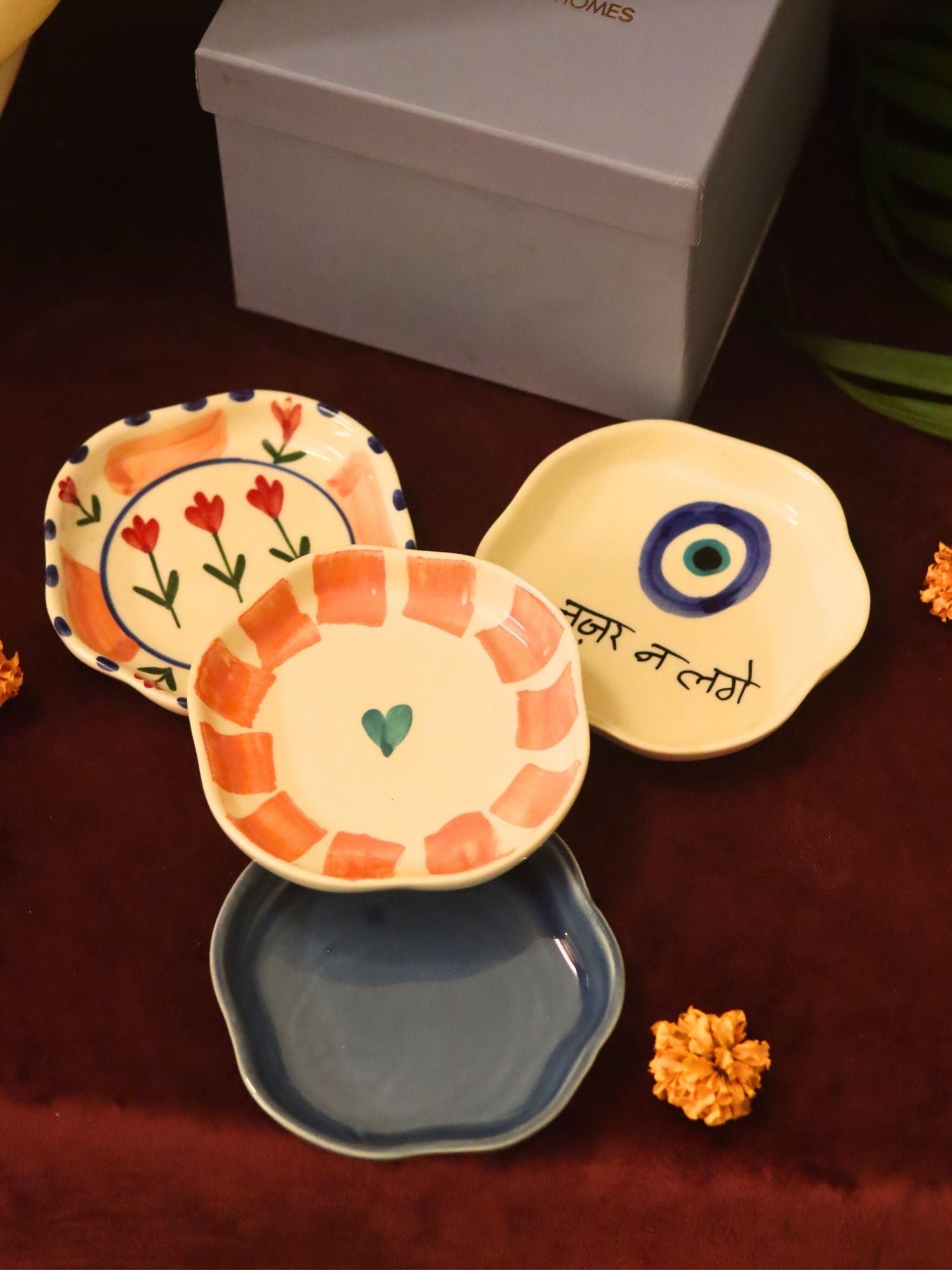 Set of 4 - Nazar, Striped heart, Peony & Metallic Blue handmade dessert plate combo in a Gift box handmde in India