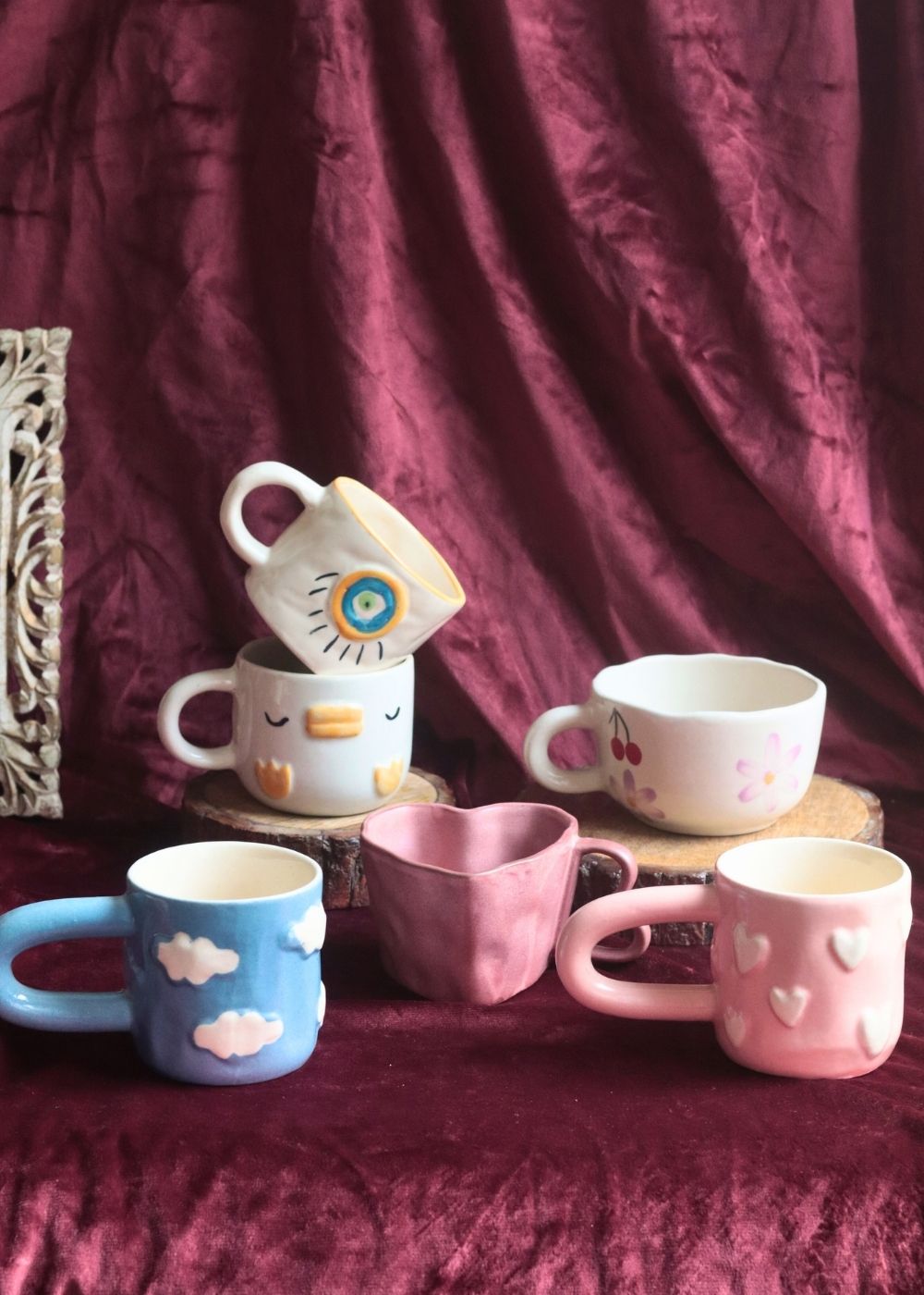 Set of 6 Cherished Hearts Mugs (for the price of 5) handmade in india